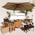Outdoor Chair Setup With Umbrella Grill Drinks And Food In Garden Setting