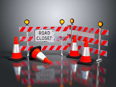 Red And White Road Barriers With Road Closed Sign Traffic Cones And Yellow Warning Lights 3d model