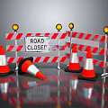 Red And White Road Barriers With Road Closed Sign Traffic Cones And Yellow Warning Lights