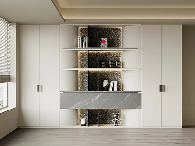 Modern Built in Bookcase With White Cabinets Decorative Backdrop And Marble Countertop 3d model