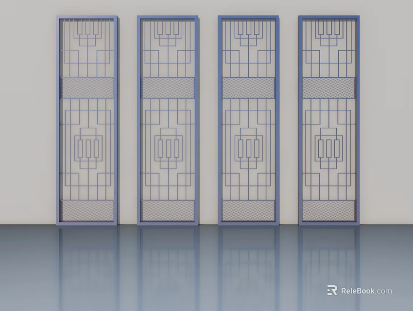 Four Modern Hinged Doors With Geometric Patterns And Blue Frames 3d model