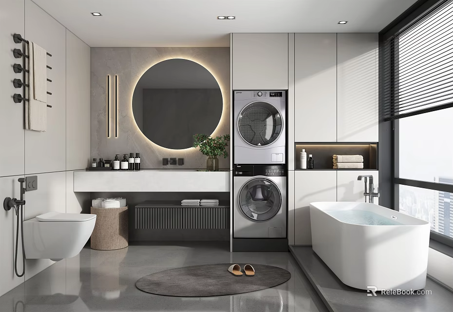 Modern Bathroom Interior Design With Round Mirror Stacked Washer Dryer Freestanding Bathtub And Gray Flooring 3d model 