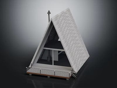 Wooden House with Triangular White Shingle Roof Wooden Deck Railing and Interior Windows Staircase Design 3d model