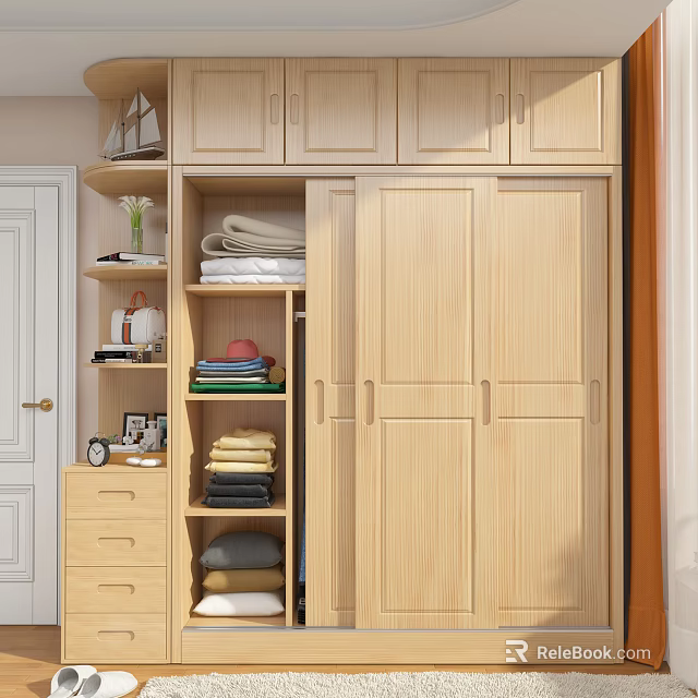 Modern Light Wood Wardrobe with Open Shelves Folded Clothes Storage and Decorative Elements 3d model 