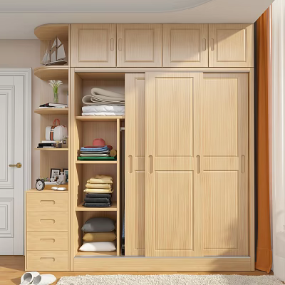 Modern Light Wood Wardrobe with Open Shelves Folded Clothes Storage and Decorative Elements 3d model