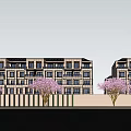 Modern Multi Story Townhouses With Large Glass Windows Greenery And Sunset Pathway