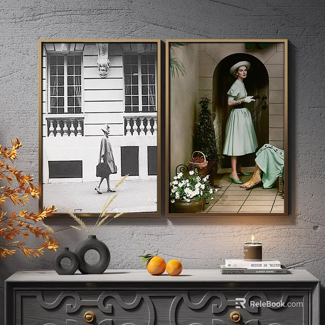 Two Vintage Figure Paintings With Golden Frames Black White Building Scene And Color Lady In Archway On Gray Wall With Decorative Vases Oranges Candle And Books 3d model 