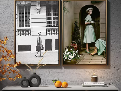 Two Vintage Figure Paintings With Golden Frames Black White Building Scene And Color Lady In Archway On Gray Wall With Decorative Vases Oranges Candle And Books 3d model