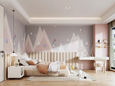 Cozy Kids Room With Pink Gray Mountain Wall Star Butterfly Decor Upholstered Bed Desk Chair 3d model
