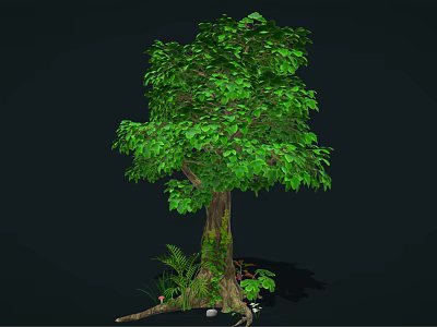 Cartoon Scene Of Lush Green Tree With Thick Trunk Small Plants And Stones At Roots 3d model