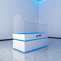 Modern Transparent Glass Display Cabinet with White Base and Blue Lighting in Sleek Indoor Space