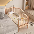 Wooden Toddler Bed with Guardrails Yellow Pattern Mattress Adjacent to Adult Bed and Wave Lighting
