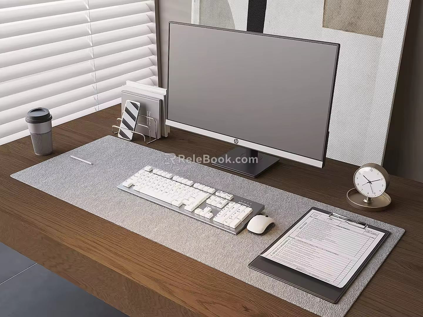 Modern computer desktop computer monitor keyboard folder alarm clock 3d model