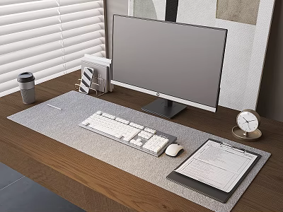 Desktop Computer Setup With Monitor Keyboard Mouse On Wooden Desk Coffee Cup Clock And Documents 3d model