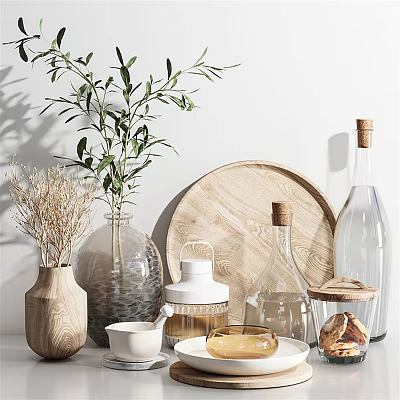 Kitchenware With Wooden Tray Glass Containers Cork Stoppers Olive Branch And Bread 3d model