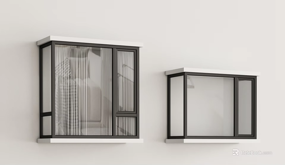 Modern Bay Windows in Contemporary Interior with White Walls Black Frames Glass Panes 3d model 