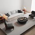 Modern White Sofa And Round Coffee Table Set With Black Pillows Side Tables And Armchairs