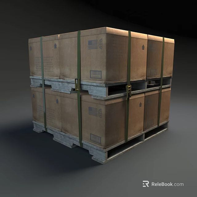 Stacked Brown Cardboard Boxes Secured With Green Straps On Gray Pallets 3d model