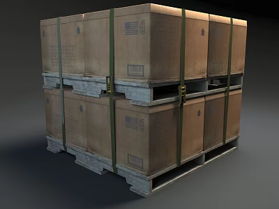 Stacked Brown Cardboard Boxes Secured With Green Straps On Gray Pallets 3d model