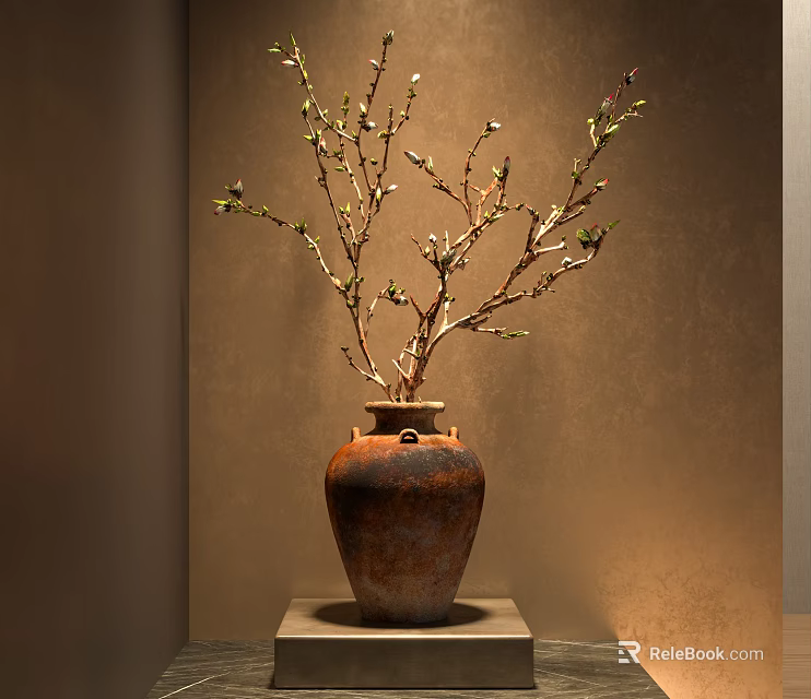 Rustic Terracotta Vase Displaying Fresh Flowering Branches In Minimalist Indoor Setting 3d model 
