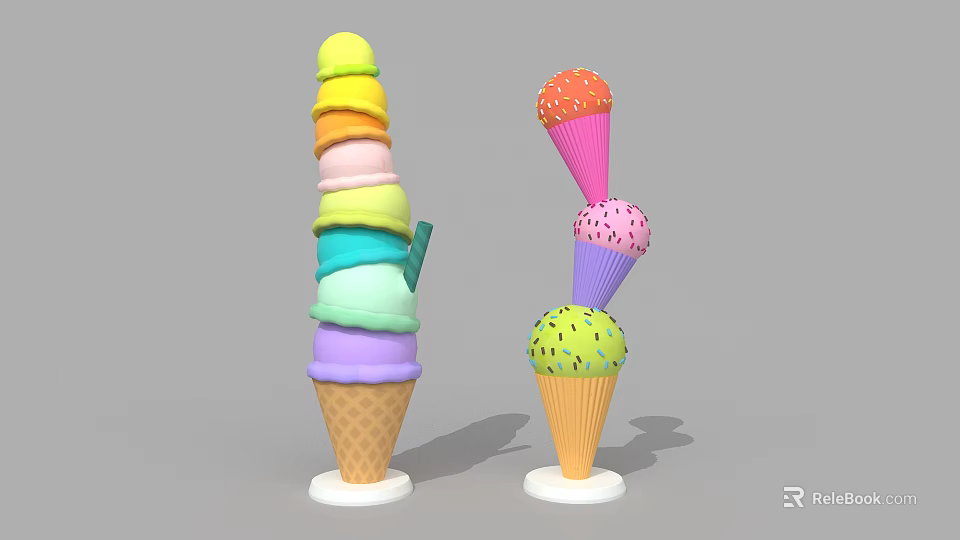 Colorful Ice Cream Cones With Stacked Scoops Different Flavors And Sprinkles Toppings 3d model 