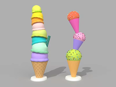 Colorful Ice Cream Cones With Stacked Scoops Different Flavors And Sprinkles Toppings 3d model