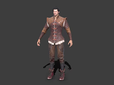 Game Movie Character In Brown Leather Outfit Red Buttoned Coat Red Boots Standing Fantasy Look 3d model
