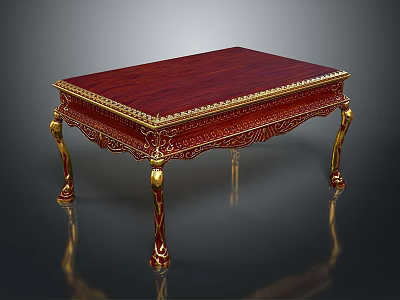 Classic Ornate Dining Table With Red Tabletop And Golden Carved Legs 3d model