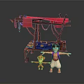 Colorful Street Stall With Red Canopy Hanging Items Blue Cloth Boy And Little Monkey