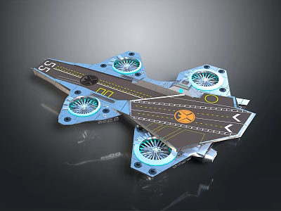 Sci Fi Aircraft Model With Blue Rotors Gray Body And Yellow Markings 3d model