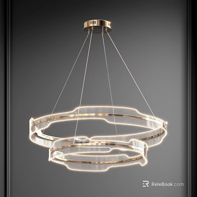 Elegant Modern Chandelier With Double Circular Glass Rings And Gold Accents Illuminated 3d model 