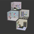Multi Level Interior Scene Model With Room Layouts Bookshelves Bathroom Fixtures And Bedroom Furniture