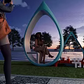Water Conservation Theme Photo Check-in Spot With Water Drop Shape Bench And Waterside Trees