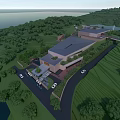 Modern Hotel Building in Lush Forest Surrounded by Mountainous Landscape and Lake with Misty Atmosphere