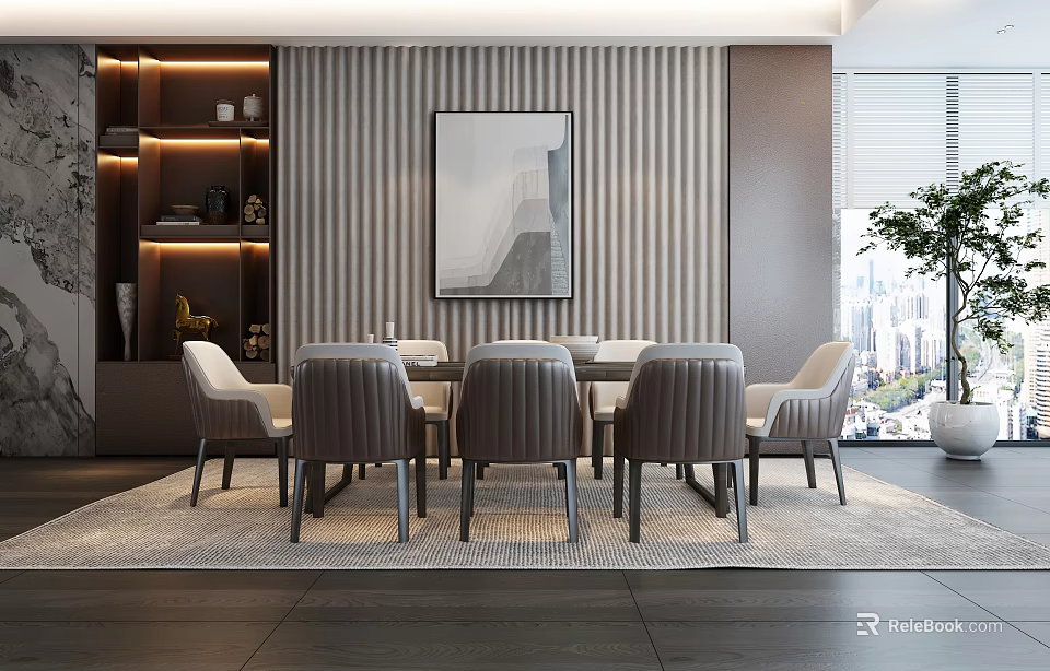 Modern Elegant Dining Table Set With Striped Wall Decorative Painting And City View 3d model 