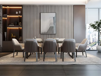 Modern Elegant Dining Table Set With Striped Wall Decorative Painting And City View 3d model
