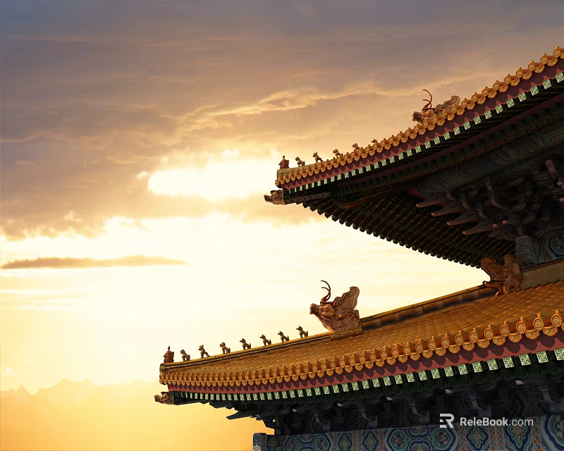 Ancient Chinese Architectural Roof Components Featuring Glazed Tiles and Mythical Beasts at Sunset 3d model 