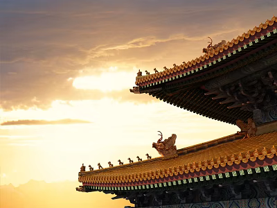 Ancient Chinese Architectural Roof Components Featuring Glazed Tiles and Mythical Beasts at Sunset 3d model