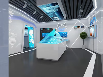 Modern Technological Exhibition Hall with Transparent Display Counter Digital Screens and Green Plant 3d model