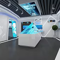 Modern Technological Exhibition Hall with Transparent Display Counter Digital Screens and Green Plant