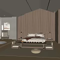Modern Hotel Room Interior With Cozy Wooden Decor Soft Lighting Large Bed And Warm Rug