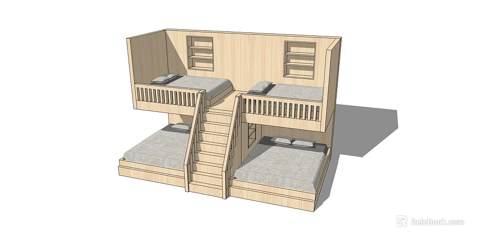 Wooden Bunk Bed Design With Staircase And Comfortable Mattresses For Kids Room 3d model 