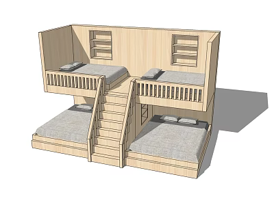 Wooden Bunk Bed Design With Staircase And Comfortable Mattresses For Kids Room 3d model