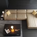 Modern Beige Leather Sofa And Black Coffee Table Set With Decorative Items 3d model