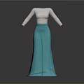 White Long Sleeve Fitted Top With Light Blue Flared Maxi Skirt Fashion Outfit