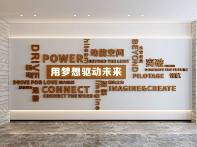 Modern Office Background Wall With Inspirational Multilingual Words Power Drive Connect Imagine Create 3d model