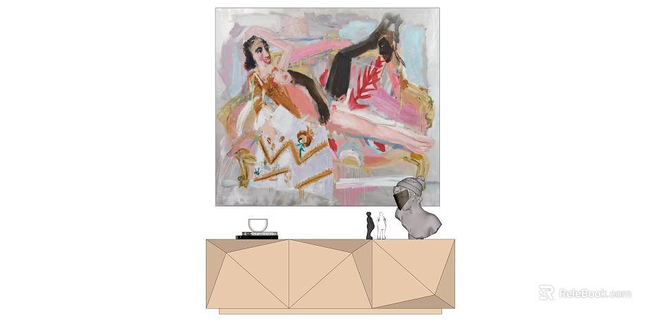 Abstract Female Portrait Painting With Colorful Brushstrokes On Geometric Wooden Cabinet With Decorative Sculpture 3d model 