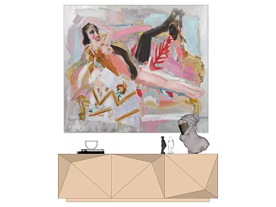 Abstract Female Portrait Painting With Colorful Brushstrokes On Geometric Wooden Cabinet With Decorative Sculpture 3d model