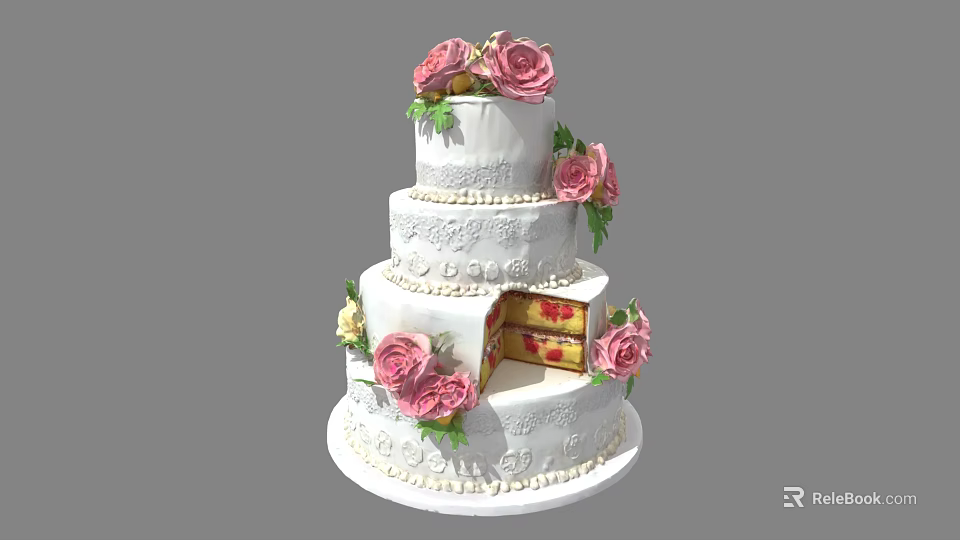 Three Tiered White Cake Decorated With Pink Roses And Sliced Section Showing Layers And Cream 3d model 