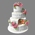 Three Tiered White Cake Decorated With Pink Roses And Sliced Section Showing Layers And Cream